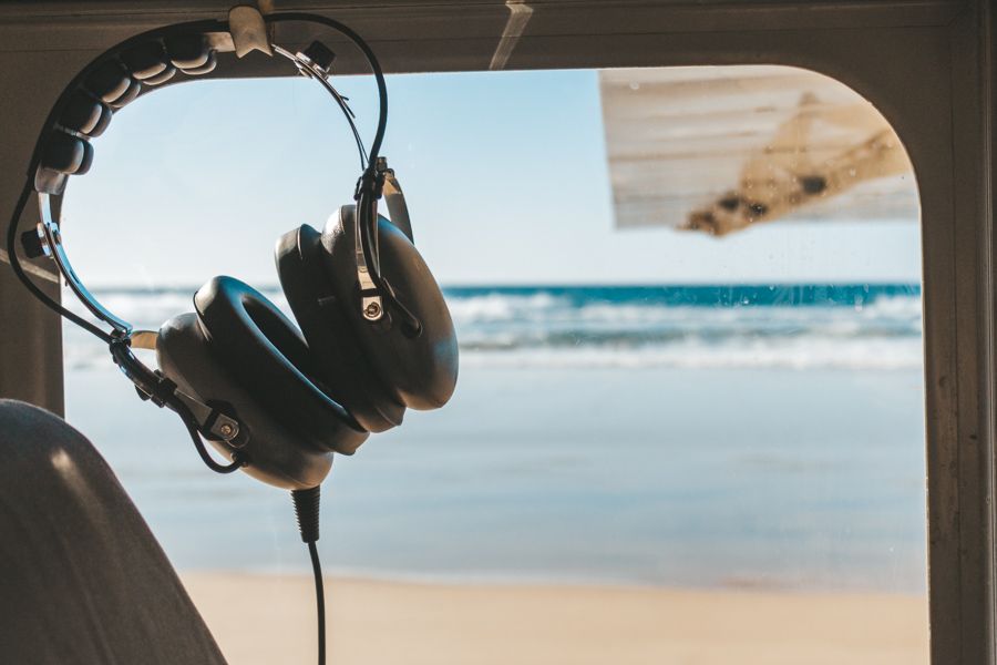 headphones on a scenic flight of k'gari fraser island