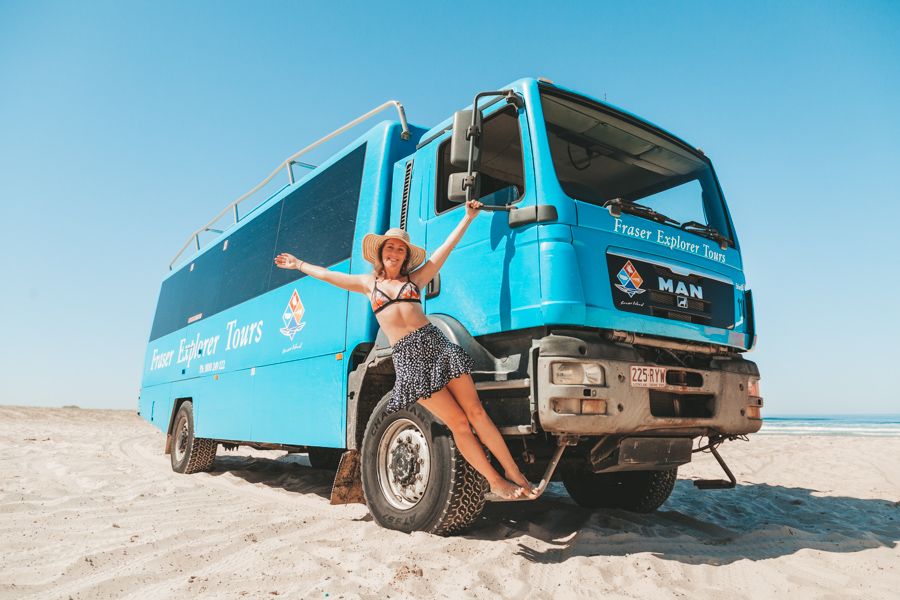 girl on a tour bus on the island of kgari fraser island
