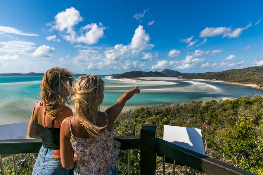 Travelling to the Whitsundays Two people at Hill Inlet Lookout, Whitsundays