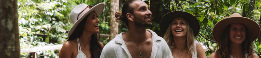 A group of friends walking through a rainforest