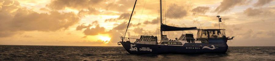 Coral Sea Dreaming boat at sunrise on the Great Barrier Reef