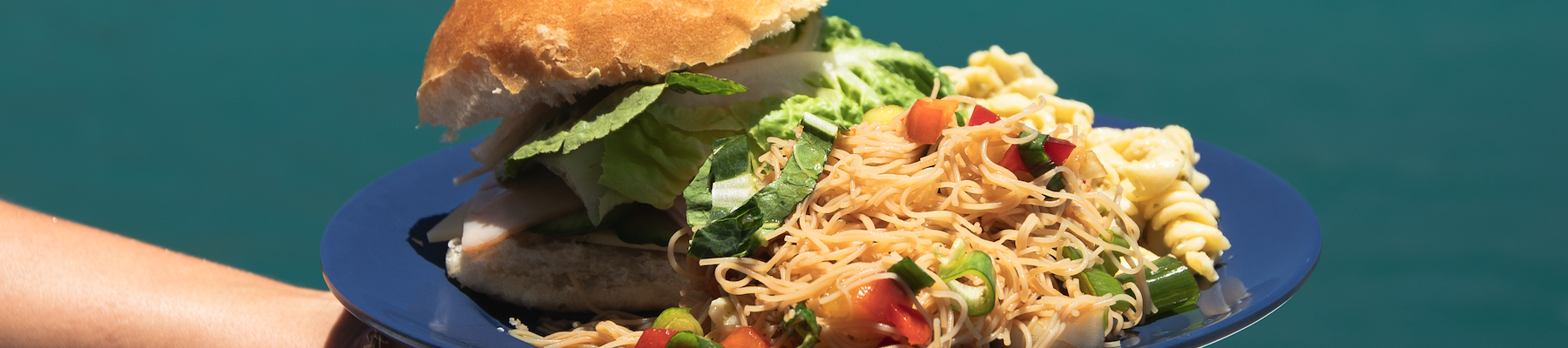 a salad roll with noodles on a blue plate