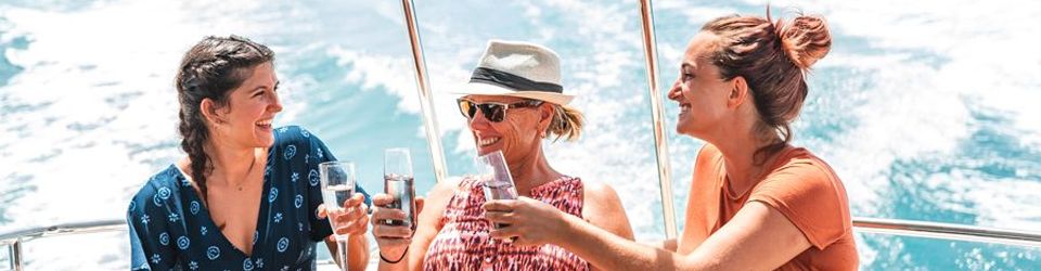 Salty yacht drinks Three women aboard Salty chatting