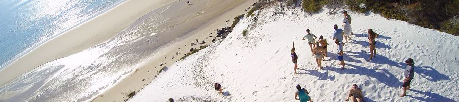 K'gari Sand Dunes group standing on top of sand dunes by the beach