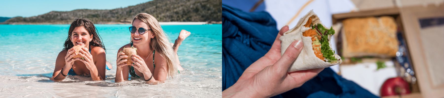 Platter of fruit and girls eating rolls and a picnic-packed wrap lunch
