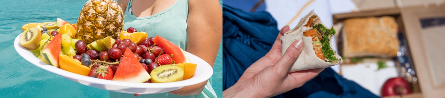 Platter of fruit and a picnic-packed wrap lunch