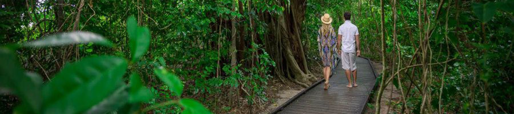 Hiking in Green Island with two people on a boardwalk