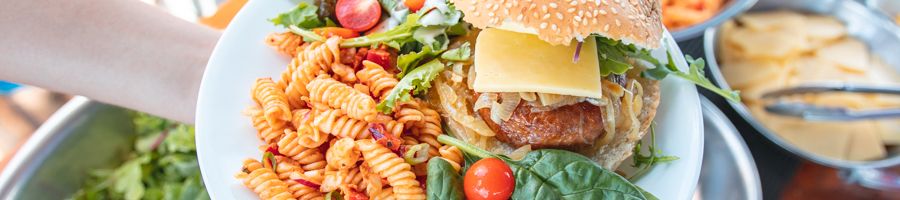Salad plate, Solway A plate of burger and an array of salads