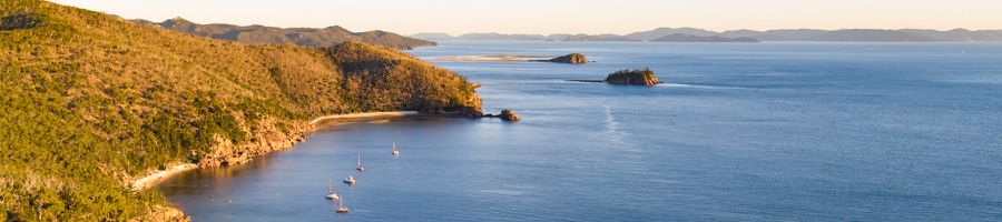 Boats moored throughout the Whitsunday Islands