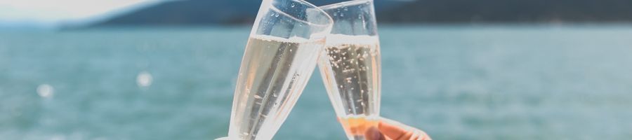 Two glasses of champagne, tropical island in the background