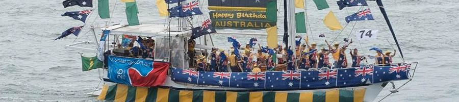 Sydney Sundancer A yacht covered in Australian flags