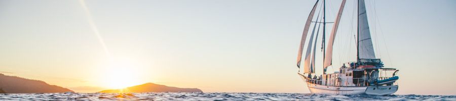 Sunset School Charter Whitsundays New Horizon with sails up at sunset