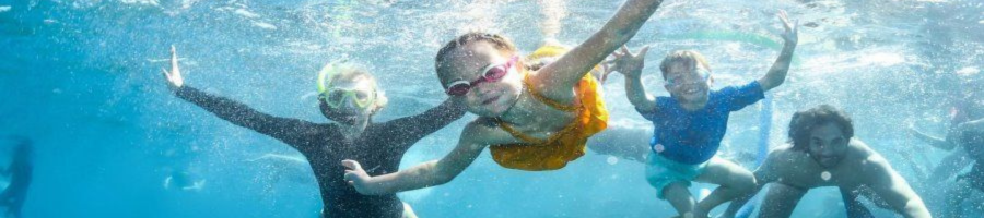 underwater photo of family snorkelling at the Great Barrier Reef