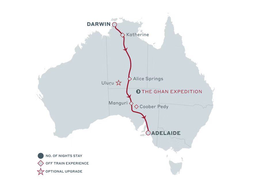 The Ghan Darwin to Adelaide Map The Ghan train journey map of Australia