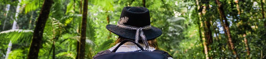 A man wearing a hat walking through the rainforest on k'gari
