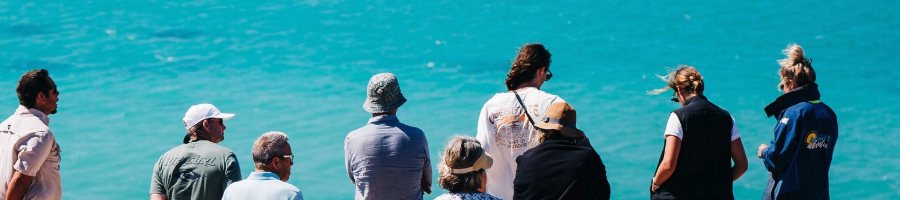 a group of people on a tour standing facing the ocean